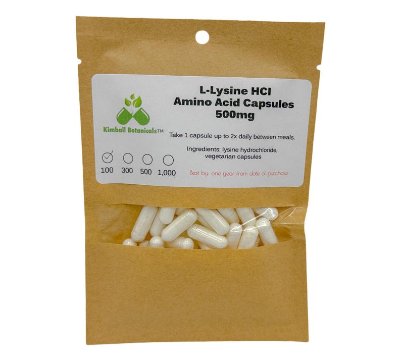 L-Lysine HCI Capsules, Amino Acid, 500mg or 650mg made fresh to order 100 count 500mg