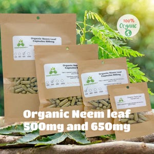 USDA Certified Organic Neem Leaf (Azadirachta indica) 500mg or 650mg Vegetarian or pullulan capsules made fresh to order.