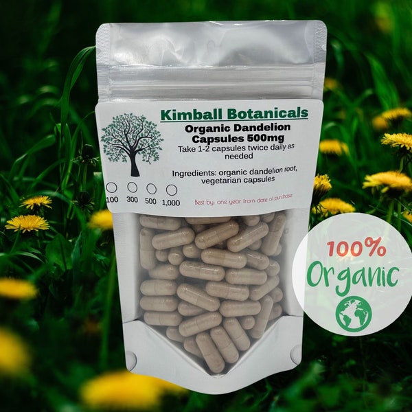 Organic Dandelion root 500mg vegetarian capsules, no fillers or binders