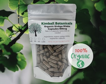 Organic Ginkgo biloba 500mg vegetarian capsules made without any fillers or binders of any kind
