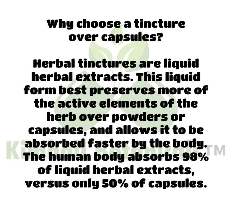 May include: White background with black text explaining the benefits of herbal tinctures over capsules. The text highlights that tinctures preserve more active elements and are absorbed faster by the body.