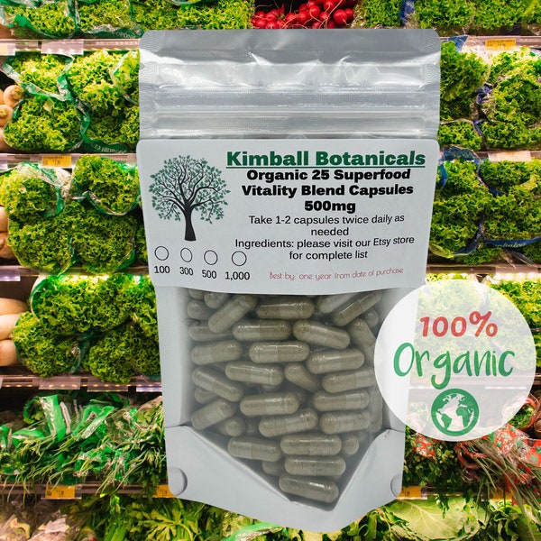 Organic 25 Superfood vitality blend 500mg vegetarian capsules made fresh to order