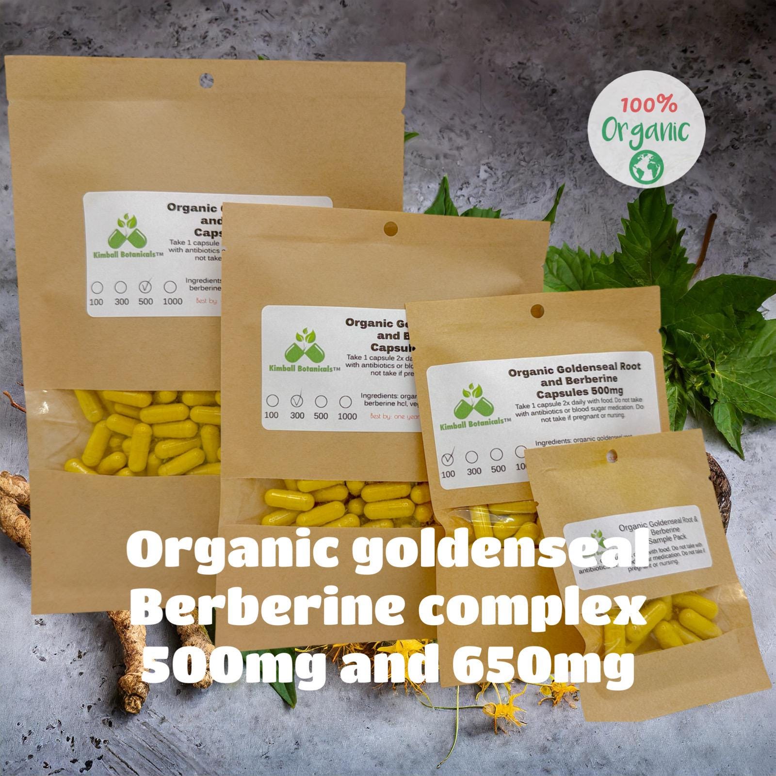 Organic Goldenseal Root Berberine (Hydrastis canadensis) 500mg and 650mg vegetarian or pullulan capsules, made fresh to order