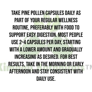 May include: White background with black text providing instructions for taking pine pollen capsules daily as part of a wellness routine. The text advises taking 2-4 capsules per day, starting with a lower amount and gradually increasing.