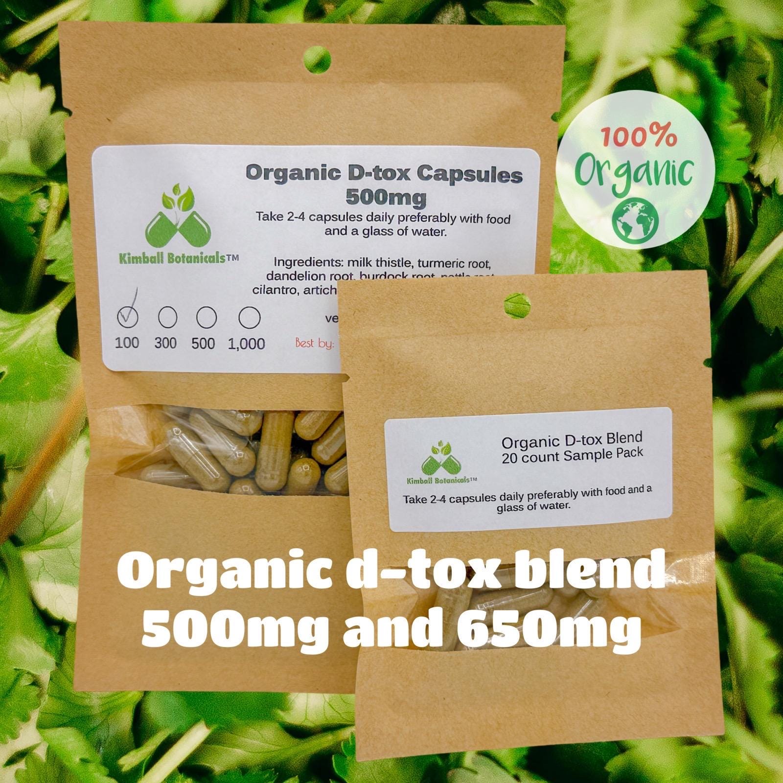 Organic Herbal D-tox Blend 500mg or 650mg vegetarian or pullulan capsules made fresh to order