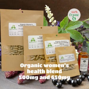 Organic Women’s Health blend 500mg or 650mg vegetarian or pullulan capsules, or tincture, made fresh to order