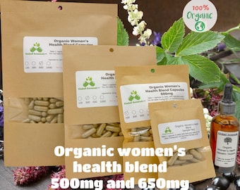 Organic Women’s Health blend 500mg or 650mg vegetarian or pullulan capsules, or tincture, made fresh to order