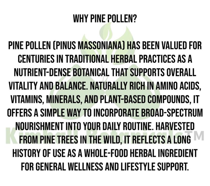 May include: White background with text: "WHY PINE POLLEN?" and information about pine pollen, including its use in herbal practices, nutrient content, and benefits for wellness and lifestyle support.