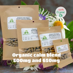 Organic Calm Down Blend, 500mg and 650mg, pullulan or vegetarian capsules or tincture, made fresh to order with zero fillers