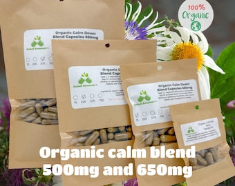 Organic Calm Down Blend, 500mg and 650mg, pullulan or vegetarian capsules or tincture, made fresh to order with zero fillers