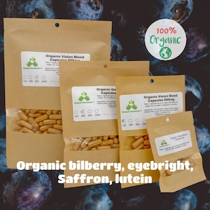 Organic Viz-ion Blend, Bilberry, Lutein, Eyebright, 500mg and 650mg vegetarian or pullulan capsules made fresh to order
