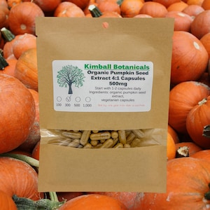 May include: A brown paper bag with a label that reads "Kimball Botanicals Organic Pumpkin Seed Extract 4:1 Capsules 500mg". The bag contains a clear plastic bag filled with brown capsules. The bag is sitting on a pile of orange pumpkins.