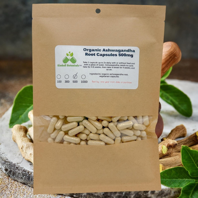 Organic Ashwagandha Capsules or Tincture, Fresh Made to Order 500 count 500mg