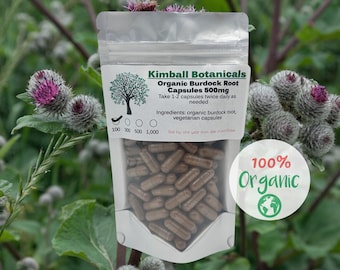Organic Burdock Root (Arctium) 500mg and 650mg vegetarian capsules, made fresh to order.