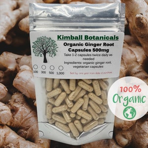 Organic ginger 500mg vegetarian capsules, zero fillers or binders made fresh to order