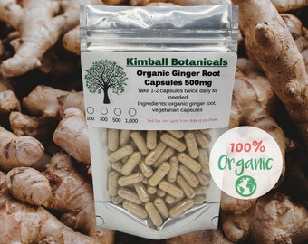 Organic ginger 500mg vegetarian capsules, zero fillers or binders made fresh to order