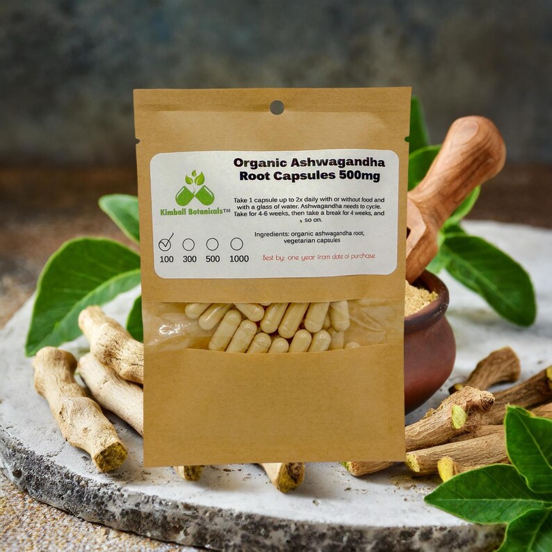 Organic Ashwagandha Capsules or Tincture, Fresh Made to Order 100 count 500mg