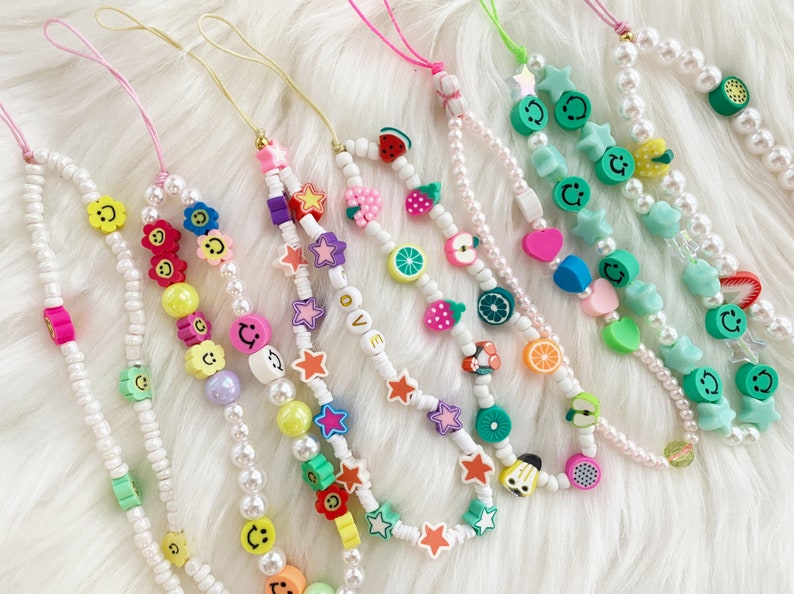 3-Pack Y2K 90s Phone Charm Strap Face Smile Fruit Beaded Pearl Colorful Beaded Fruity Mermaid Phone Chain 