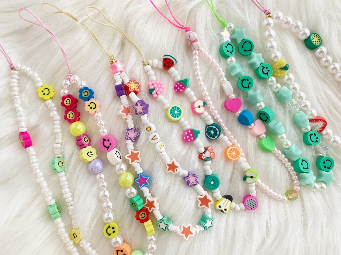 Y2K 90s Phone Charm Strap Face Smile Fruit Beaded Pearl Colorful Bead…