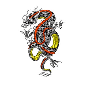 May include: A black and yellow dragon with red accents, curled in a circle with its tail pointing down. The dragon has a detailed, scaly body and a fierce expression.