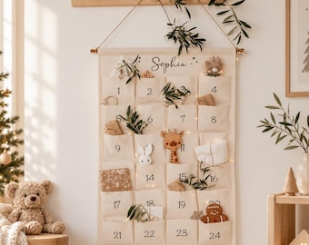 Gepersonaliseerde adventskalender voor kinderen met naam - stoffen canvas, 24 vakjes, herbruikbare doe-het-zelf kerstkalender om te vullen