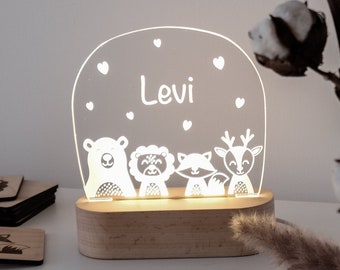 personalized night light "animal friends" made of wood and acrylic for the children's room | Gift ideas for baptism, birthday birth led lamp