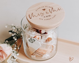 Wedding Gift for Couple Personalized - Glass Jar with Engraved Beech Wood Lid, Anniversary or Engagement Gift, Custom Name Jar 18-40 oz