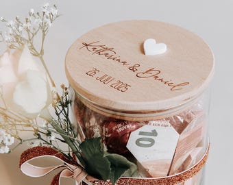 Wedding Gift for Couple Personalized - Glass Jar with Engraved Beech Wood Lid, Anniversary or Engagement Gift, 4 Sizes Available