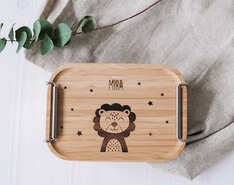 personalized lunch box with wooden lid made of stainless steel | Forest animals | Metal lunch box children personalized | Personalized gift