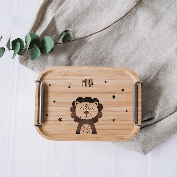 boîte à lunch personnalisée avec couvercle en bois en acier inoxydable | Animaux de la forêt | Boîte à lunch en métal enfants personnalisée | Cadeau personnalisé