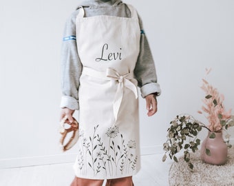 Children's apron personalized with names and stylized flowers | Garden apron with puff flower on the meadow | Minimalist Scandinavian