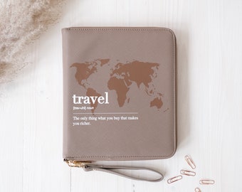 Travel Gift Personalized - Vegan Leather Passport Organizer with World Map, Graduation or Christmas Gift for Travelers, Custom Text, Saffian