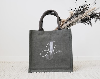 Graue Jutetasche mit Initialen | Geschenk zum Muttertag | JGA, Brautparty oder Abschiedsgeschenk Lehrer und Erzieher | Geburtstagsgeschenk