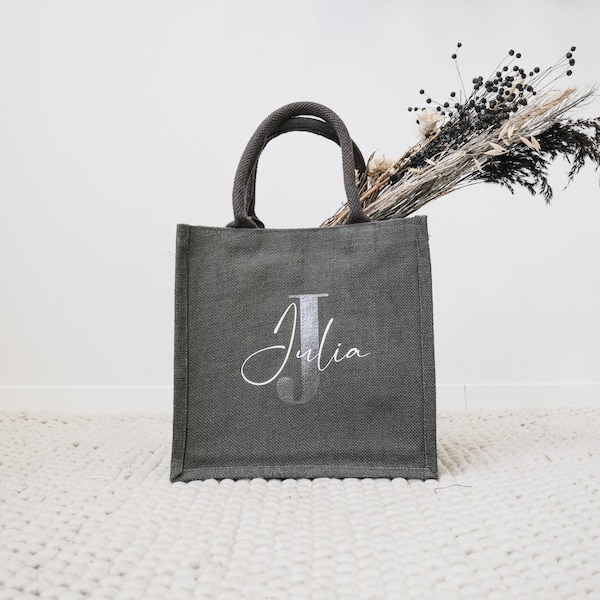 Grey jute bag with initials | Gift for Mother's Day | JGA, bridal party or farewell gift for teachers and educators | Birthday gift