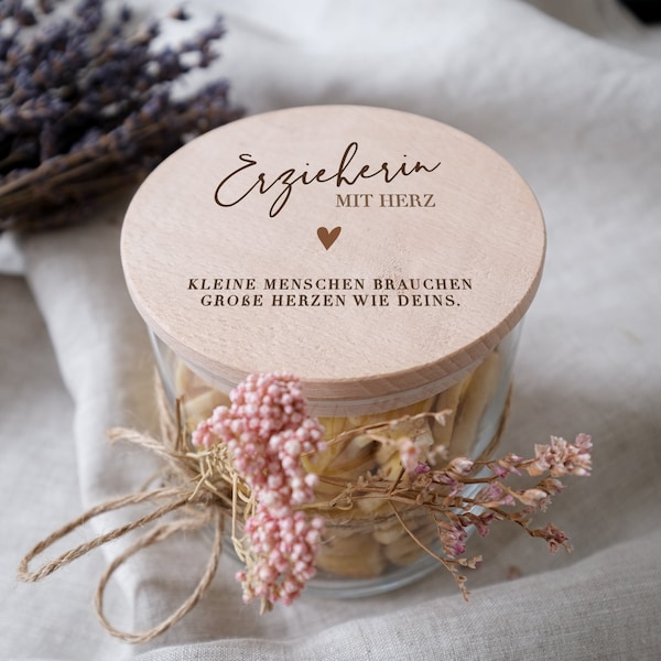Farewell gift for a kindergarten teacher – gift jar with engraved beechwood lid, fillable, 4 sizes, customizable
