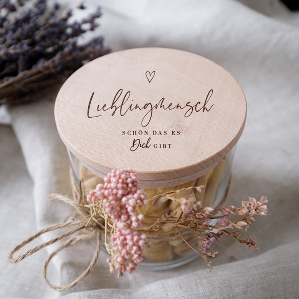 Personaliseerbare voorraadpot met gegraveerd houten deksel | Favoriete persoon - Het is leuk dat je bestaat. Cadeau-idee voor de betere helft | Gemaakt om lief te hebben