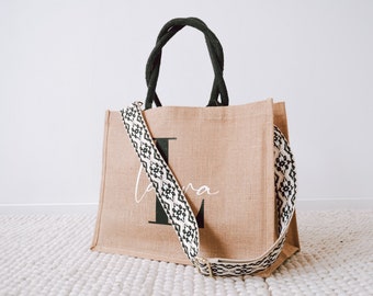 Mother's Day Gift Personalized Jute Tote Bag with Name & Monogram - Bachelorette, Birthday Gift for Her, Boho Shoulder Strap 16 Designs
