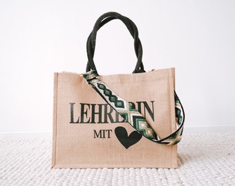 Personalized jute bag with colorful shoulder strap | Bag strap zigzag design | Gift teacher