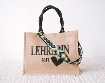 Teacher Appreciation Gift Personalized - Jute Tote Bag with Boho Strap, Custom Name, End of School Year Daycare Teacher Gift, Large or Jumbo