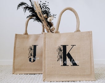 Sac en jute avec initiales | motif floral | Cadeau pour la fête des mères ou JGA | Douche nuptiale ou cadeau d'adieu pour les enseignants et les éducateurs