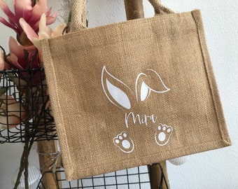 Easter Gift for Kids Personalized - Jute Tote Bag with Bunny Ears & Name, Easter Basket Alternative, Eco-Friendly Easter Bag Boy or Girl