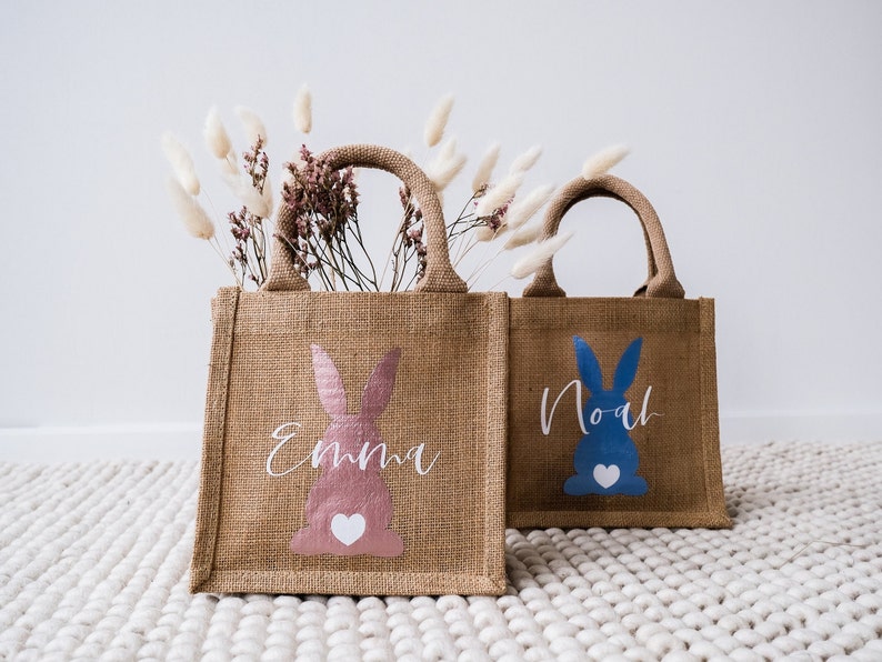 Ostertasche personalisiert Jute Osterbeutel Osterhase mit Namen Osterkörbchen für Kinder Geschenken zu Ostern oder als Osternest Bild 2