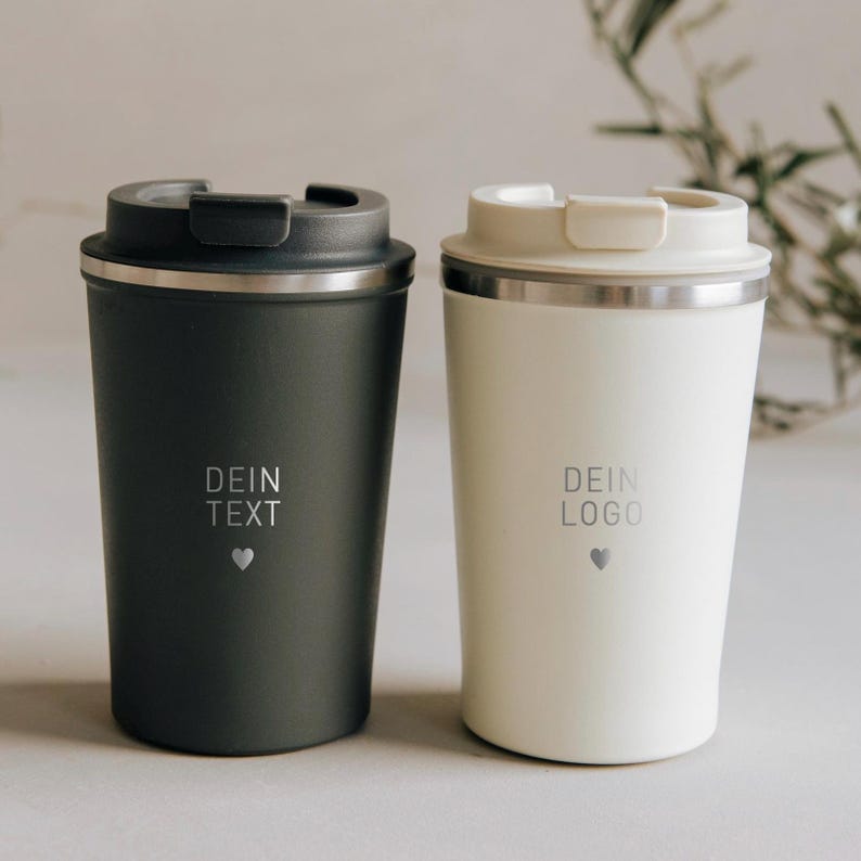 Thermobecher Edelstahl personalisiert mit Gravur, 360ml, matt Anthrazit und Creme