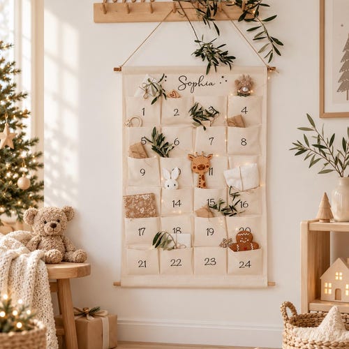 Kids Advent Calendar Personalized with Name - 24 Pocket Fabric Wall Calendar, Reusable DIY Christmas Countdown, Canvas Christmas Gift