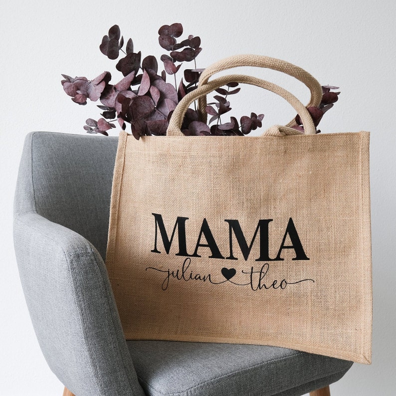 Jutetasche Mama personalisiert mit Kindernamen, Jute natur, Muttertagsgeschenk