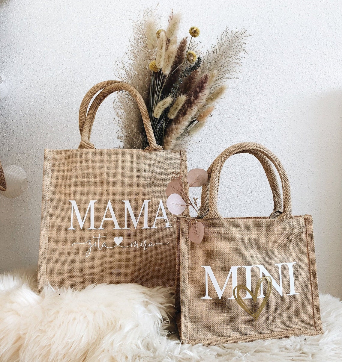 Personalized Jute Bag for Mom and/or Child With Your Names In Two Sizes