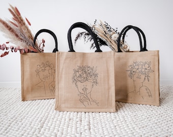 Sac de jute personnalisé avec nom | Collection de dessins au trait | Cadeau pour la fête des mères, JGA, fête prénuptiale, enseignant ou éducateur