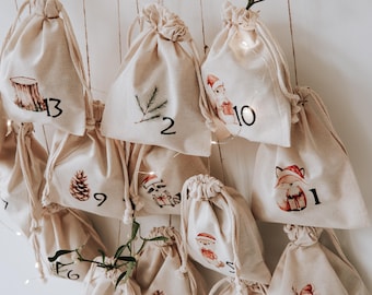 DIY Advent Calendar Bags Set of 24 Cotton Drawstring Pouches - Christmas Countdown Gift Bags, Eco-Friendly OEKO-TEX, 2 Sizes, Pre-Printed or