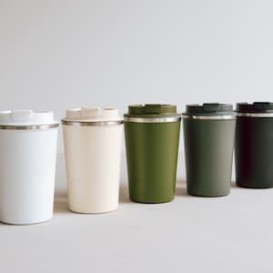 Thermobecher Edelstahl 360ml, Farbübersicht weiß, creme, grün, khaki, dunkelrot, doppelwandig matt