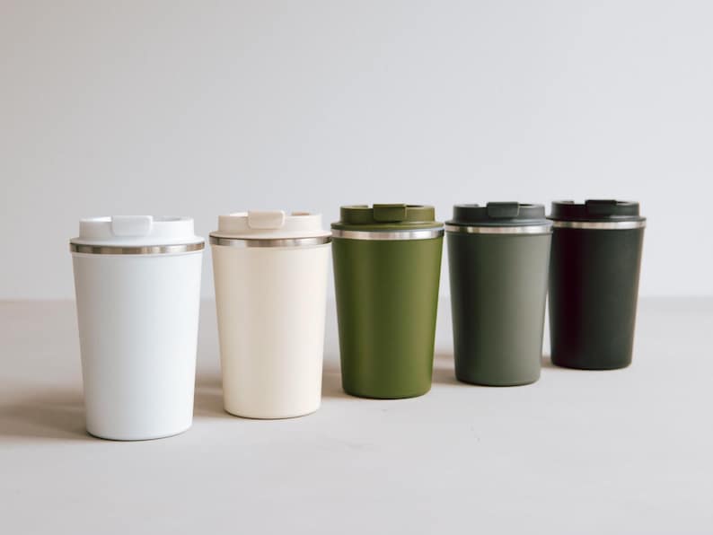 Thermobecher Edelstahl 360ml, Farbübersicht weiß, creme, grün, khaki, dunkelrot, doppelwandig matt